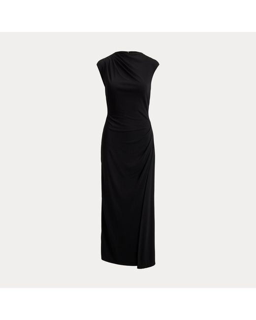 Ralph Lauren Black Pleated Jersey Boatneck Midi Dress