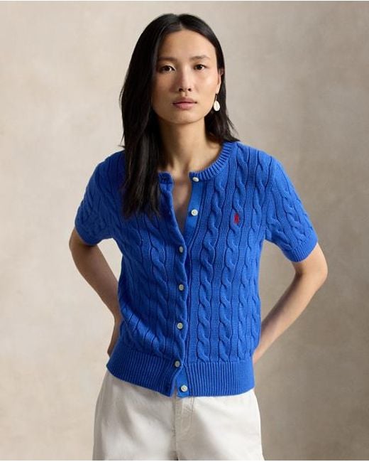 Polo Ralph Lauren Blue Cable-Knit Cotton Short-Sleeve Cardigan