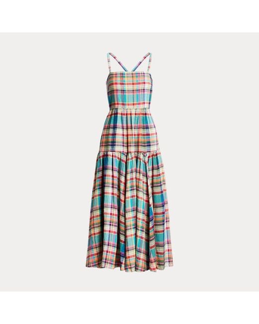 Polo Ralph Lauren Geruite Linnen Midi-jurk in het Brown
