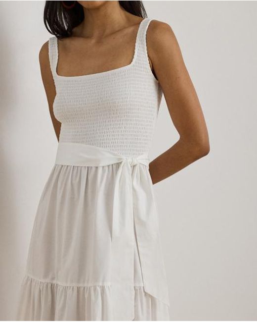 Ralph Lauren White Tiered Belted Jersey & Broadcloth Dress