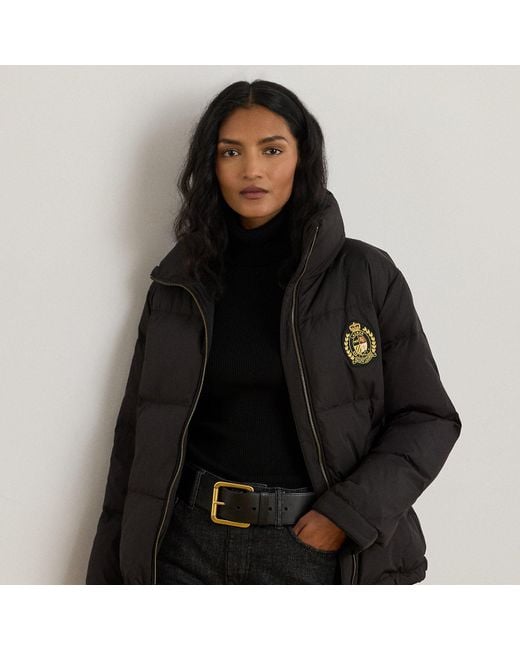 Ralph Lauren Black Crest-Patch Quilted Funnelneck Down Coat
