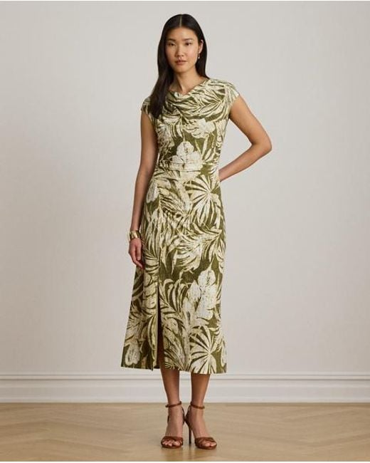 Ralph Lauren Metallic Palm-Frond-Print Jersey Cowlneck Dress