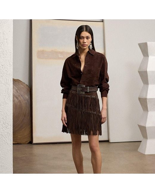 Ralph Lauren Natural Brielle Fringe-trim Lamb-suede Skirt