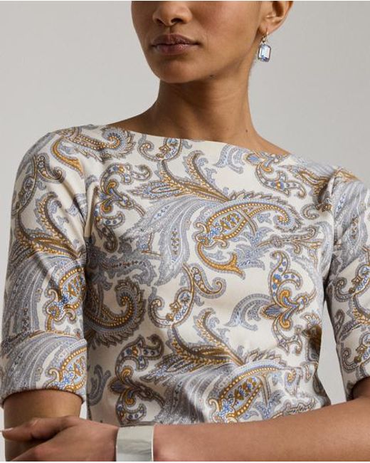 Ralph Lauren Gray Paisley Stretch Cotton Boatneck T-Shirt