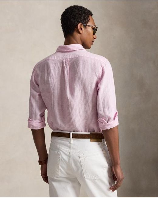 Polo Ralph Lauren Pink Custom Fit Striped Linen Shirt for men