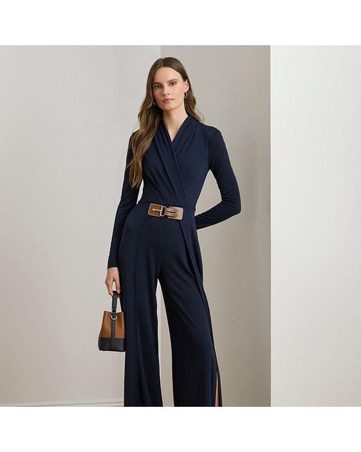 Ralph Lauren Blue Buckle-Trim Jersey Surplice Jumpsuit