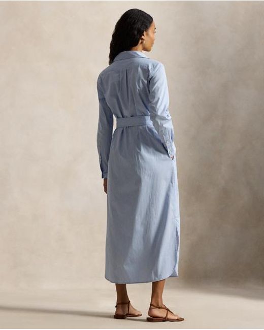 Polo Ralph Lauren Blue Belted Striped Cotton Shirtdress