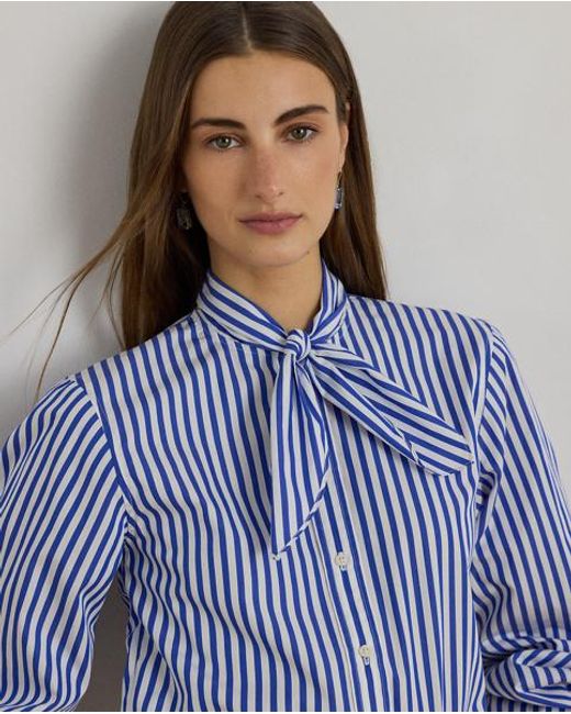 Ralph Lauren Blue Striped Cotton Broadcloth Tie-Neck Shirt