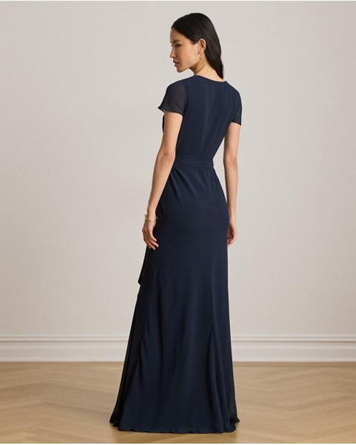 Ralph Lauren Blue Belted Crinkle Georgette Gown