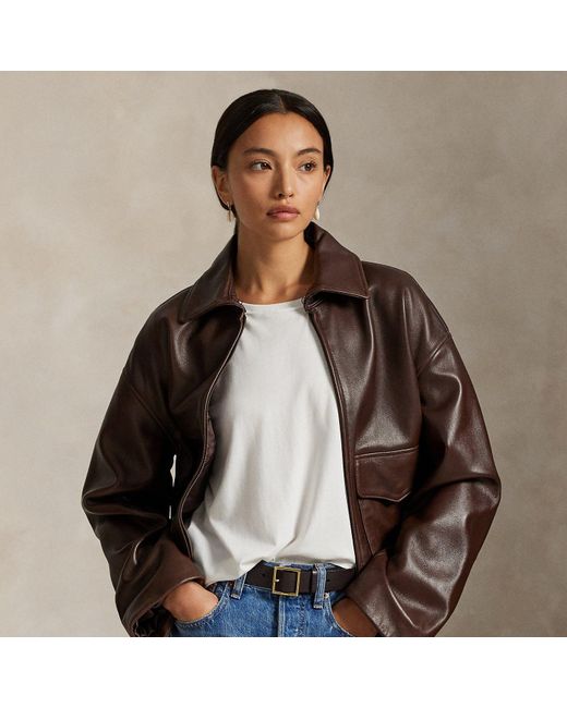 Ralph Lauren Brown Cropped Leather Bomber Jacket