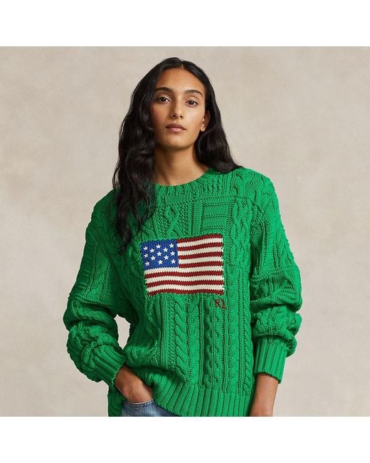 Ralph Lauren Green Aran-knit Flag Cotton Jumper