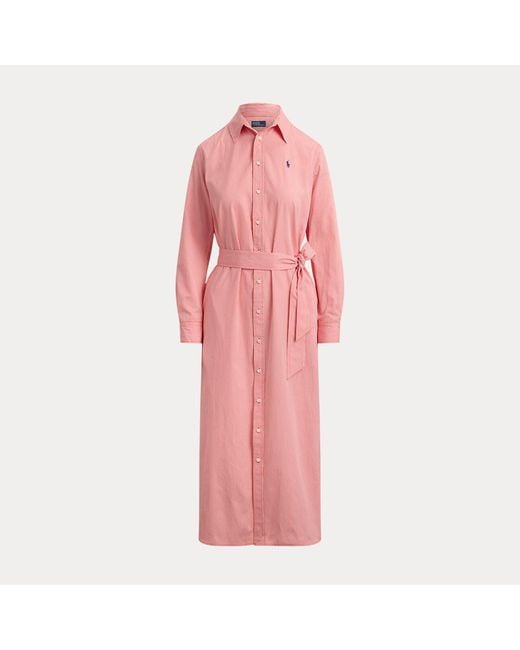 Polo Ralph Lauren Pink Belted Striped Cotton Shirtdress