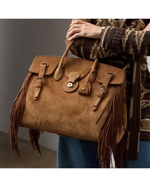 Ralph Lauren Brown Soft Ricky 40 Fringe-Trim Calf-Suede Bag
