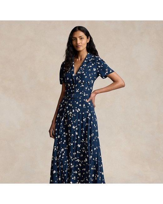 Polo Ralph Lauren Blue Floral Crepe Short-Sleeve Dress