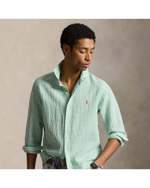 Polo Ralph Lauren Green Custom Fit Striped Seersucker Shirt for men