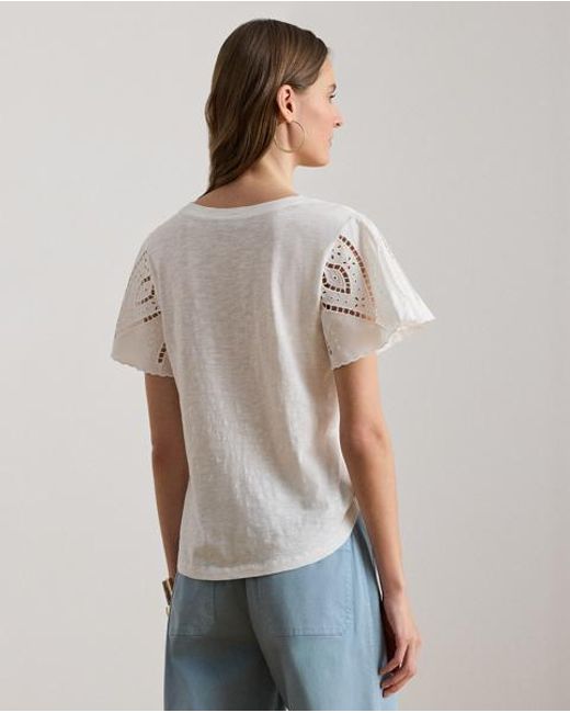 Ralph Lauren White Eyelet Cotton Jersey & Broadcloth Top