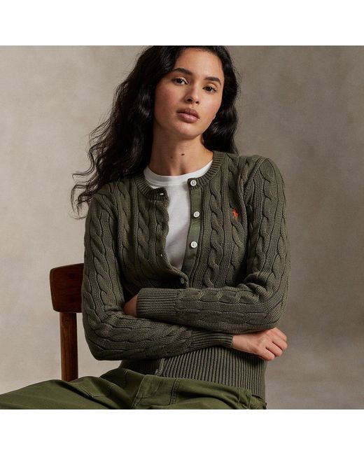 Polo Ralph Lauren Green Cable-Knit Cotton Crewneck Cardigan