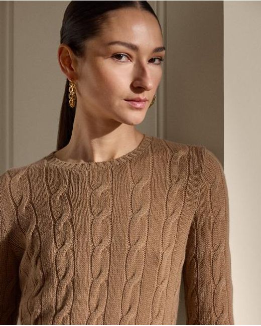 Ralph Lauren Brown Cable-Knit Cashmere Crewneck Sweater