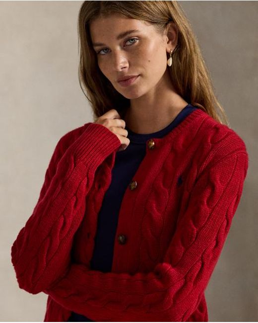 Polo Ralph Lauren Woll-Kaschmir-Strickjacke Mit Zopfmuster in Rot