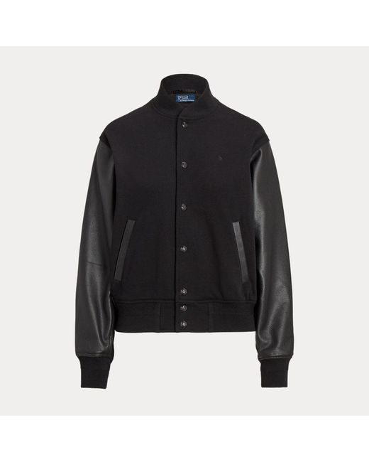 Polo Ralph Lauren Black Logo Leather-trim Fleece Bomber Jacket