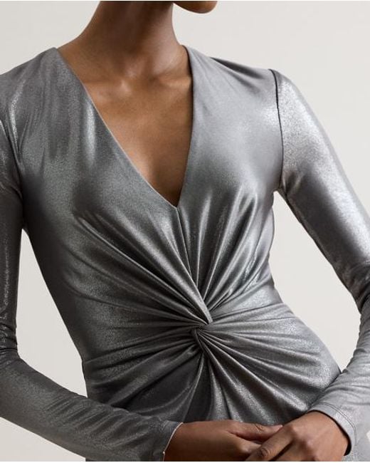 Ralph Lauren Gray Twist-Front Metallic Stretch Jersey Gown
