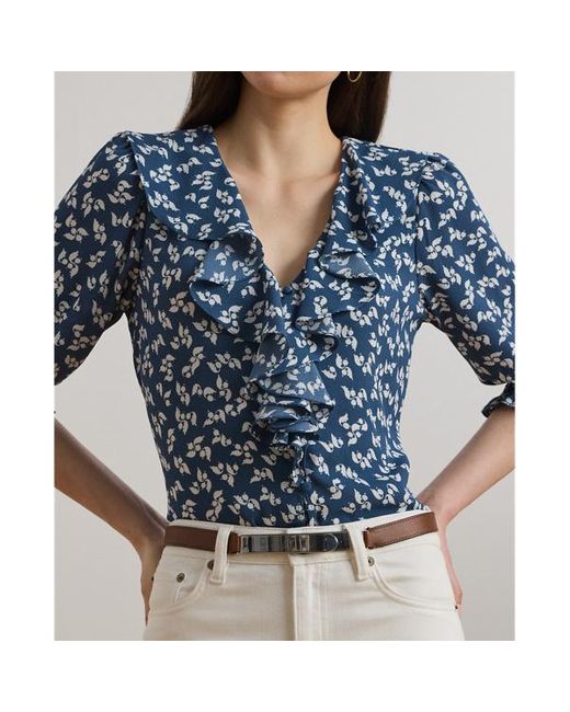 Camicetta in crêpe a fiori con volant di Ralph Lauren in Blue