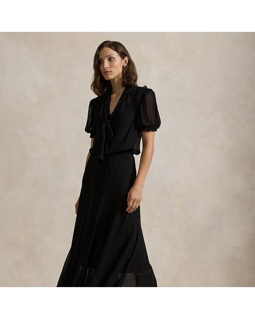 Ralph Lauren Georgette Tie-Neck Dress in Black | Lyst UK
