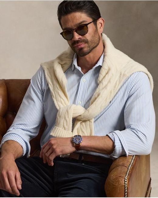 Ralph Lauren Blue Striped Stretch Knit Oxford Shirt for men