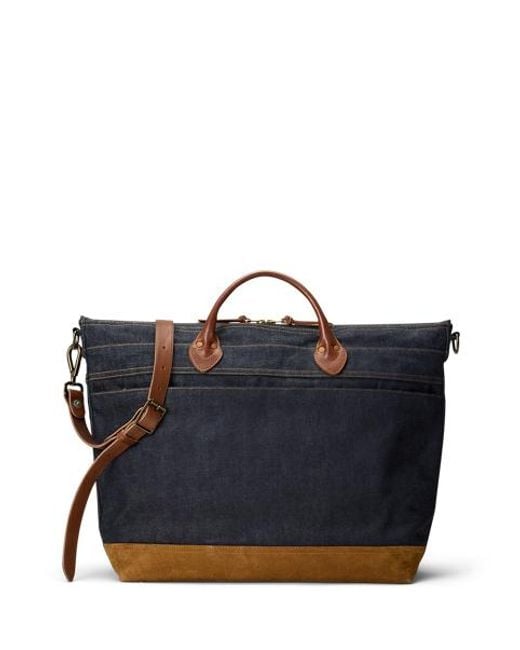 RRL Blue Leather-Trim Denim Tote for men