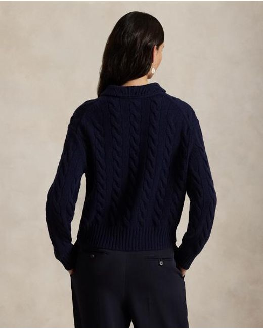 Polo Ralph Lauren Blue Cable-Knit Wool-Cashmere Polo Jumper