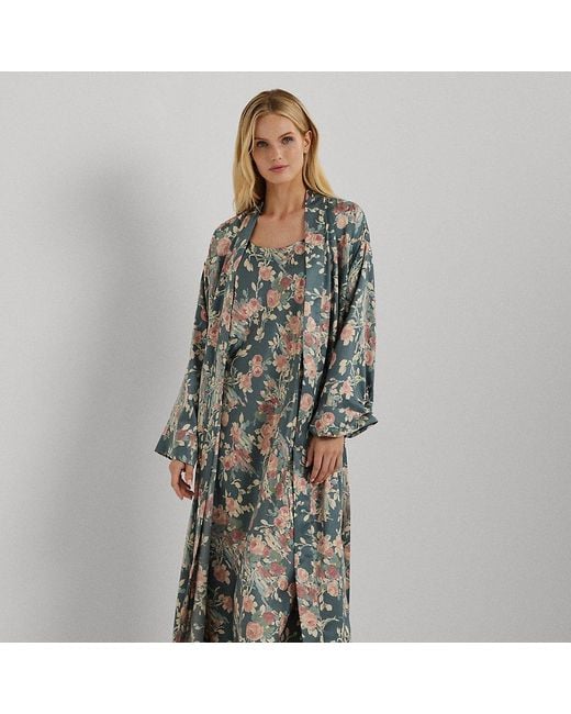 Ralph Lauren Blue Geblümter Satin-Morgenmantel Mit Gürtel