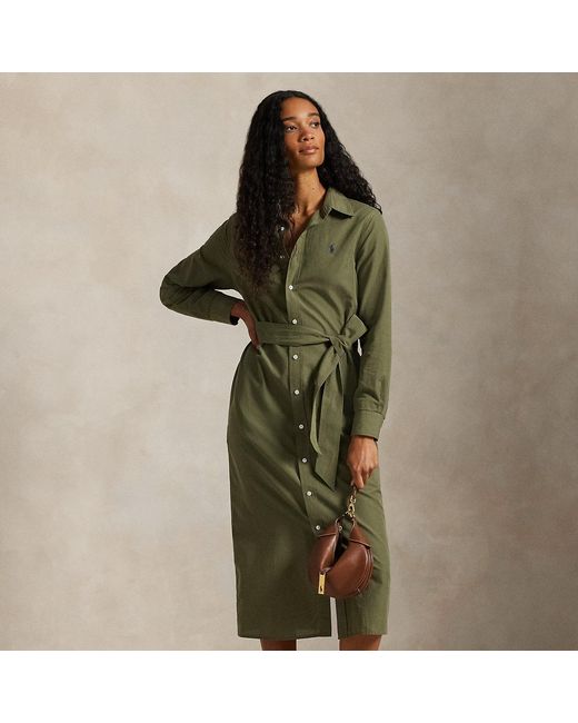 Ralph Lauren Green Cotton-Linen Belted Shirtdress