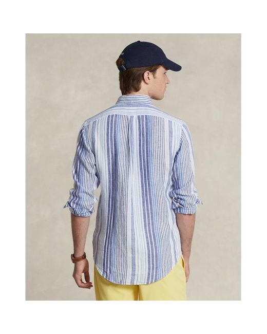 Polo Ralph Lauren Blue Custom Fit Striped Linen Shirt for men