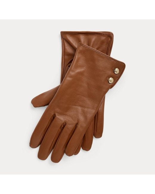 Ralph Lauren Brown Button-Trim Sheepskin Tech Gloves
