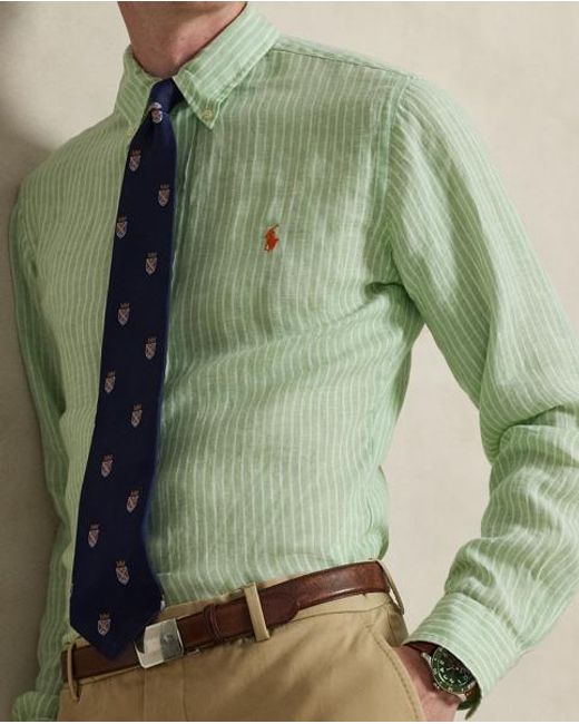 Polo Ralph Lauren Gray Custom Fit Striped Linen Shirt for men