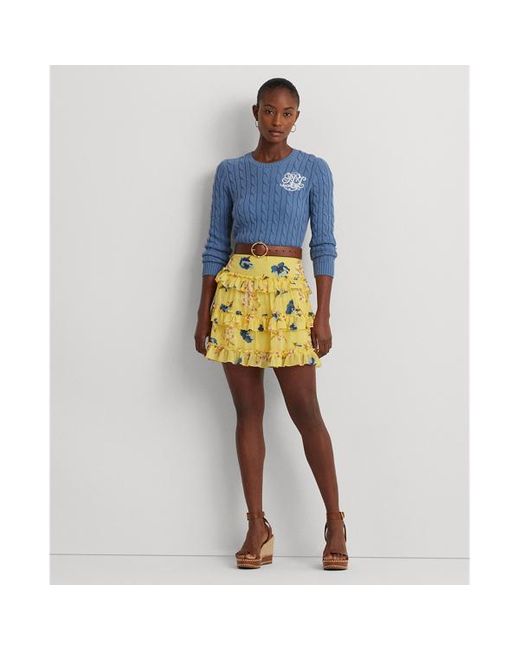 Lauren by Ralph Lauren Blue Floral Ruffle-trim Georgette Miniskirt