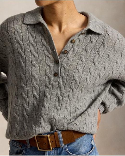Polo Ralph Lauren Gray Cable Wool-Cashmere Polo-Collar Jumper