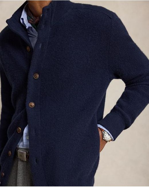 Ralph Lauren Blue Cashmere Mockneck Cardigan for men