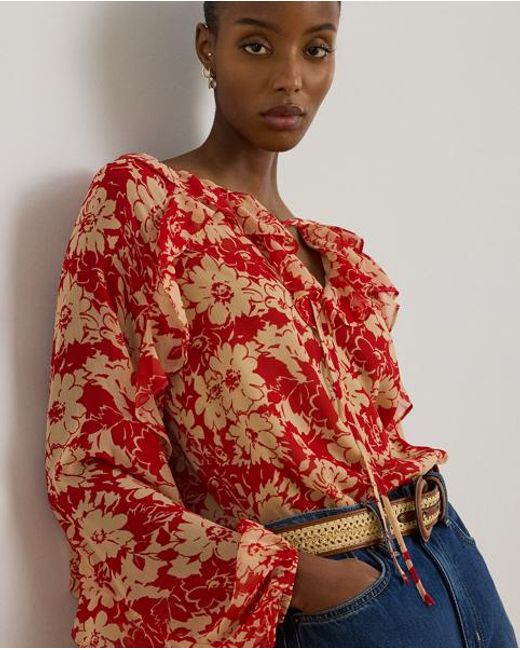 Ralph Lauren Red Floral Ruffle-Trim Georgette Blouse