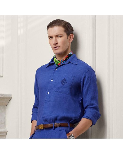 Ralph Lauren Purple Label Monogram Linen Dobby Shirt in Blue for Men | Lyst