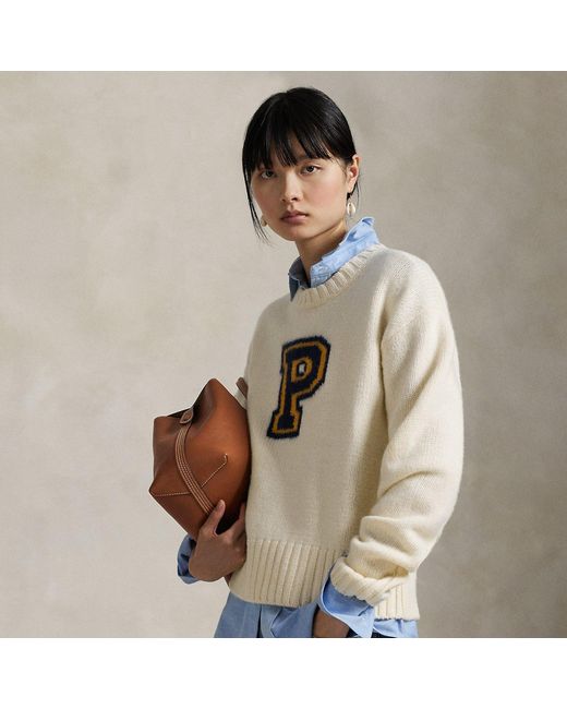 Polo Ralph Lauren Brown P-Logo Wool-Blend Crewneck Jumper
