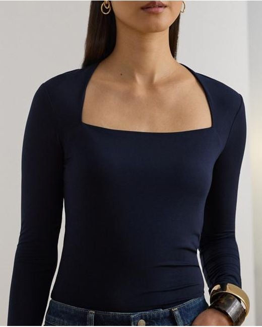 Ralph Lauren Stretch Jersey Top Vierkante Hals in het Blue