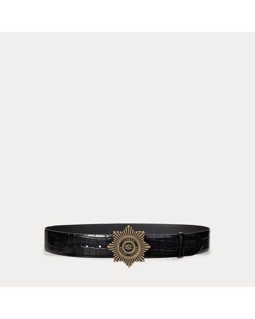 Ralph Lauren Black Starburst-Buckle Croc-Embossed Wide Belt