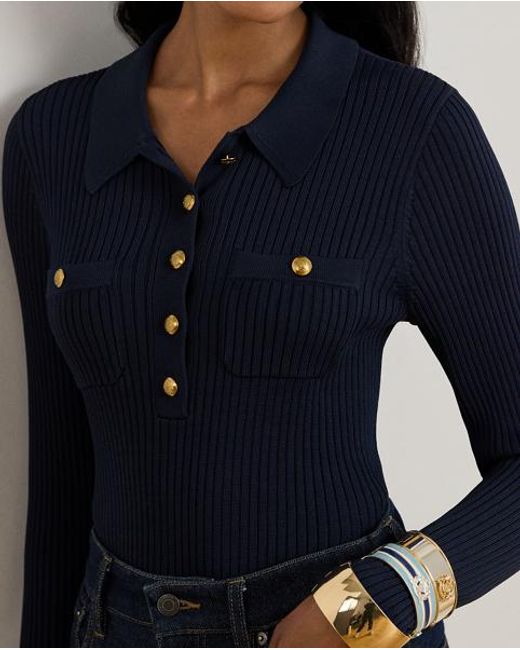 Ralph Lauren Blue Rib-Knit Long-Sleeve Polo Sweater