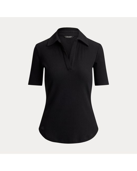 Ralph Lauren Black Rib-Knit Elbow-Sleeve Polo Tee
