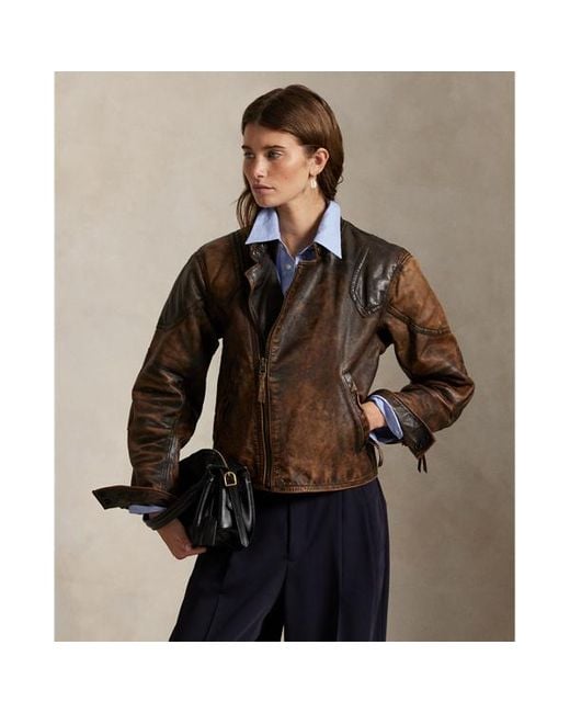 Giacca biker in pelle consumata di Polo Ralph Lauren in Brown