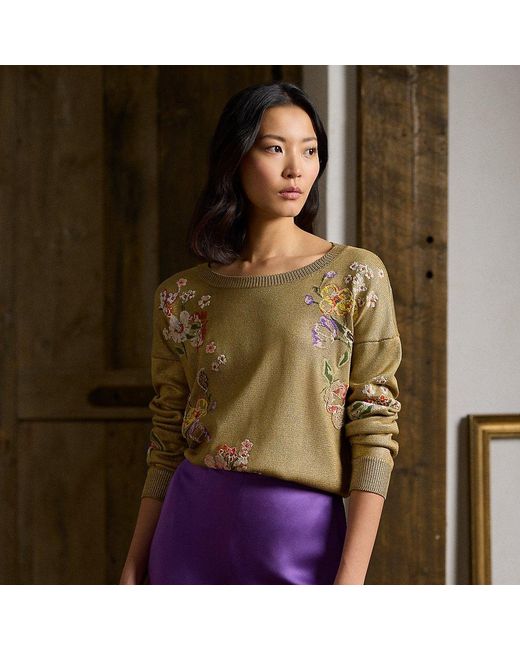 Ralph Lauren Collection Brown Ralph Lauren Embellished Foiled Silk Crewneck Sweater