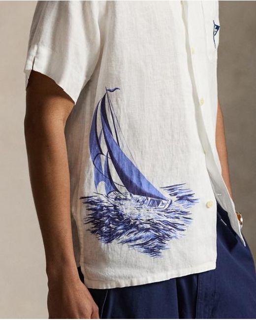 Polo Ralph Lauren White Classic Fit Nautical Linen Camp Shirt for men