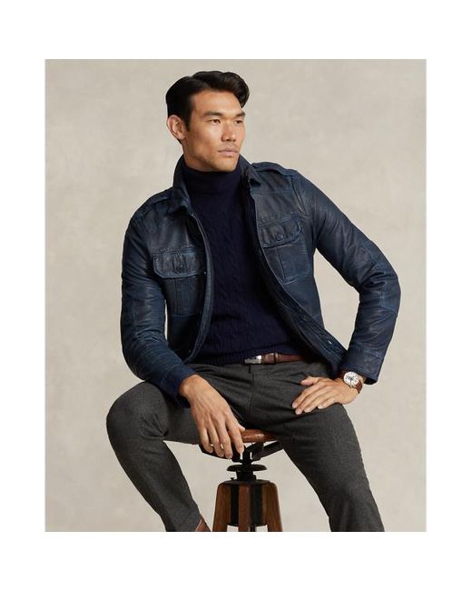 Polo Ralph Lauren Blue Indigo Leather Utility Jacket for men