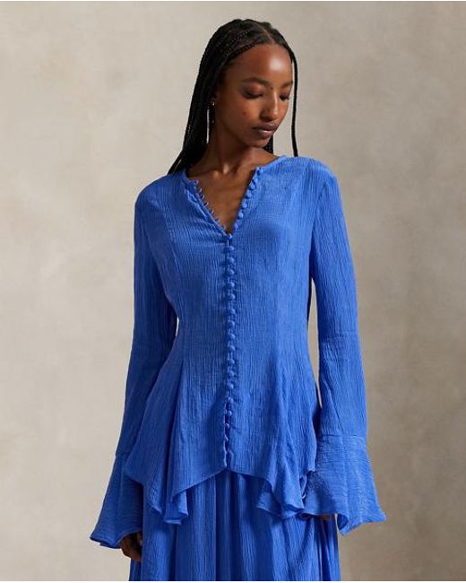 Polo Ralph Lauren Blue Crinkled Button-Front Top
